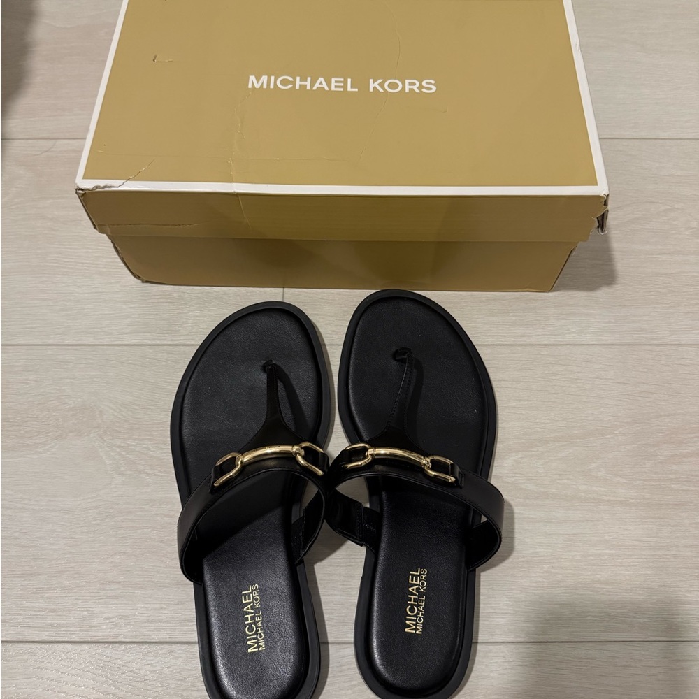 Michael Kors Black Leather Thong Sandals with Gold Chain Detail